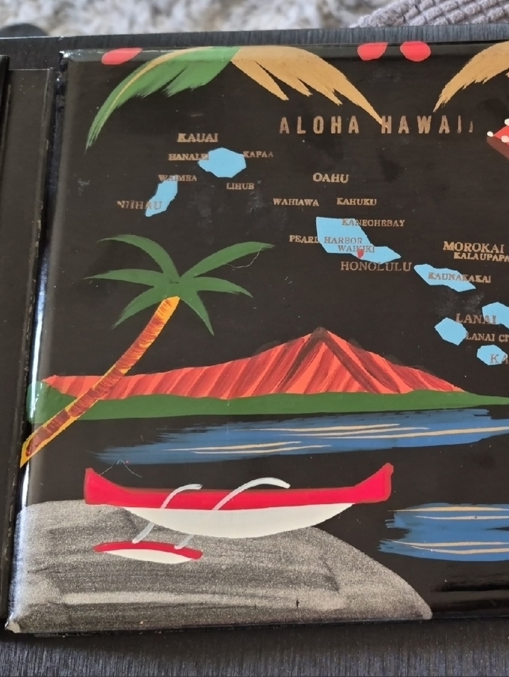 Vintahe Aloha Hawaii Black Decorative Tile with Red Canoe and Palm